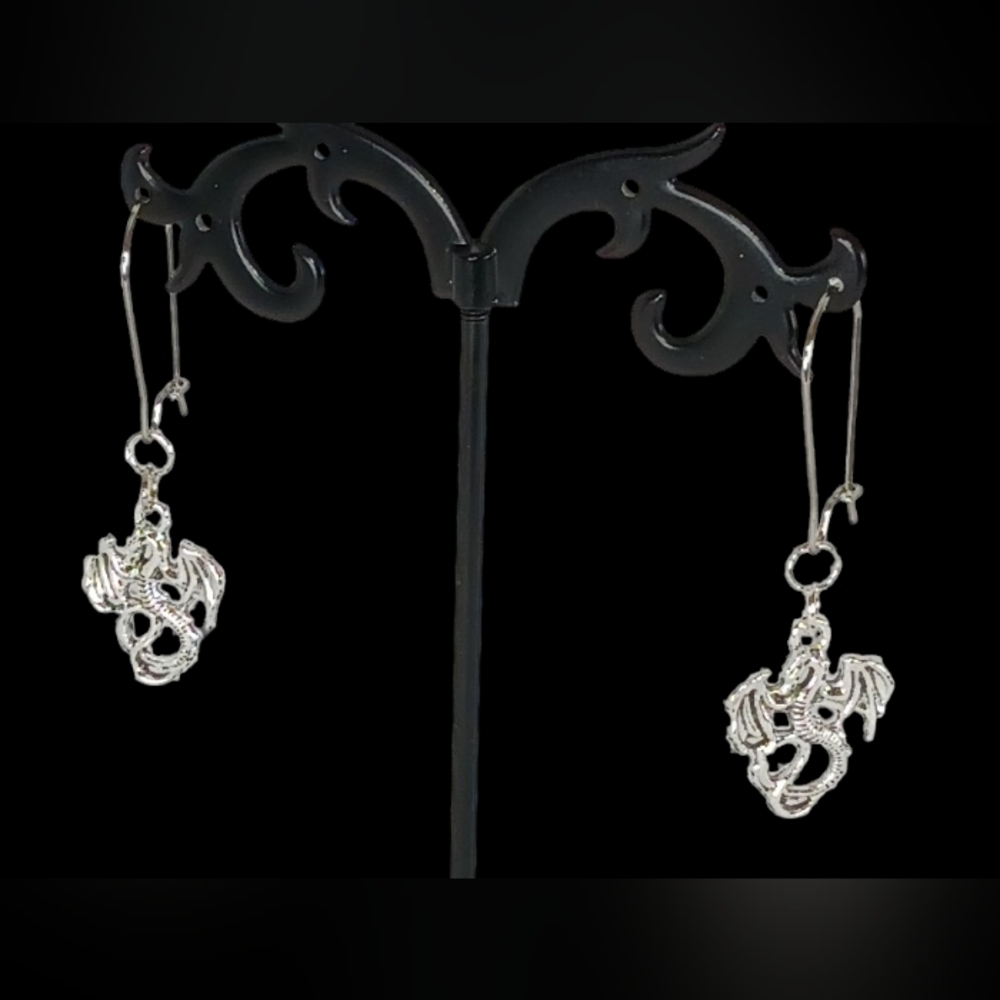 Silver Dragon Hypoallergenic Earrings Artisan Made Soft Goth Mythical Medieval